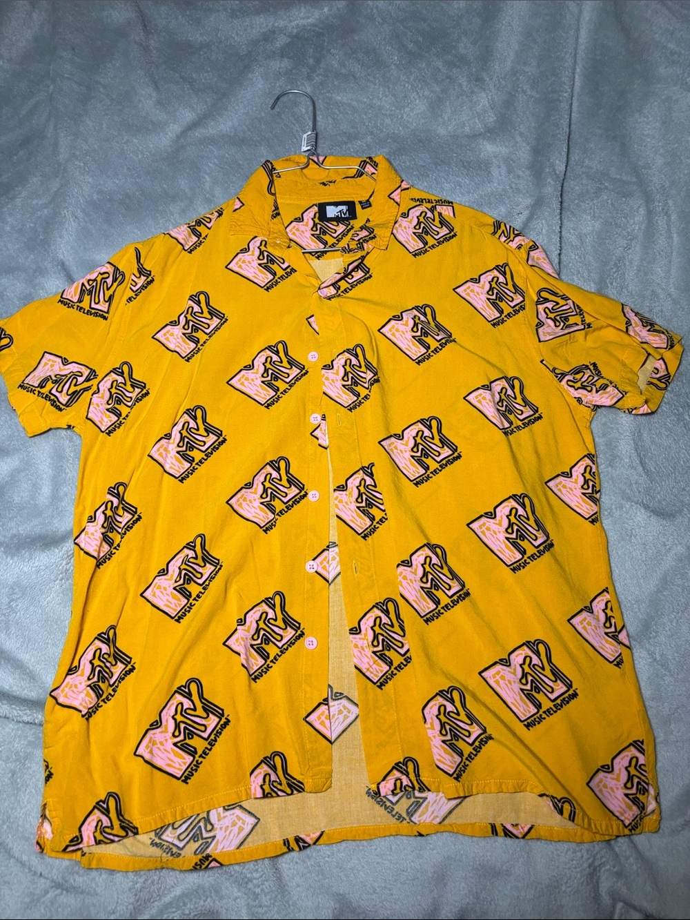 MTV Bright Yellow Short Sleeve Logo Print Button-Down